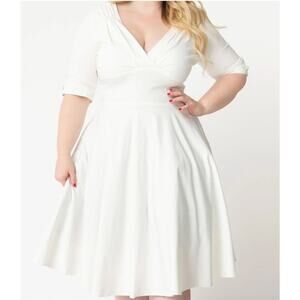 Unique Vintage Plus Size 1950s Ivory Delores Swing Dress with Sleeves